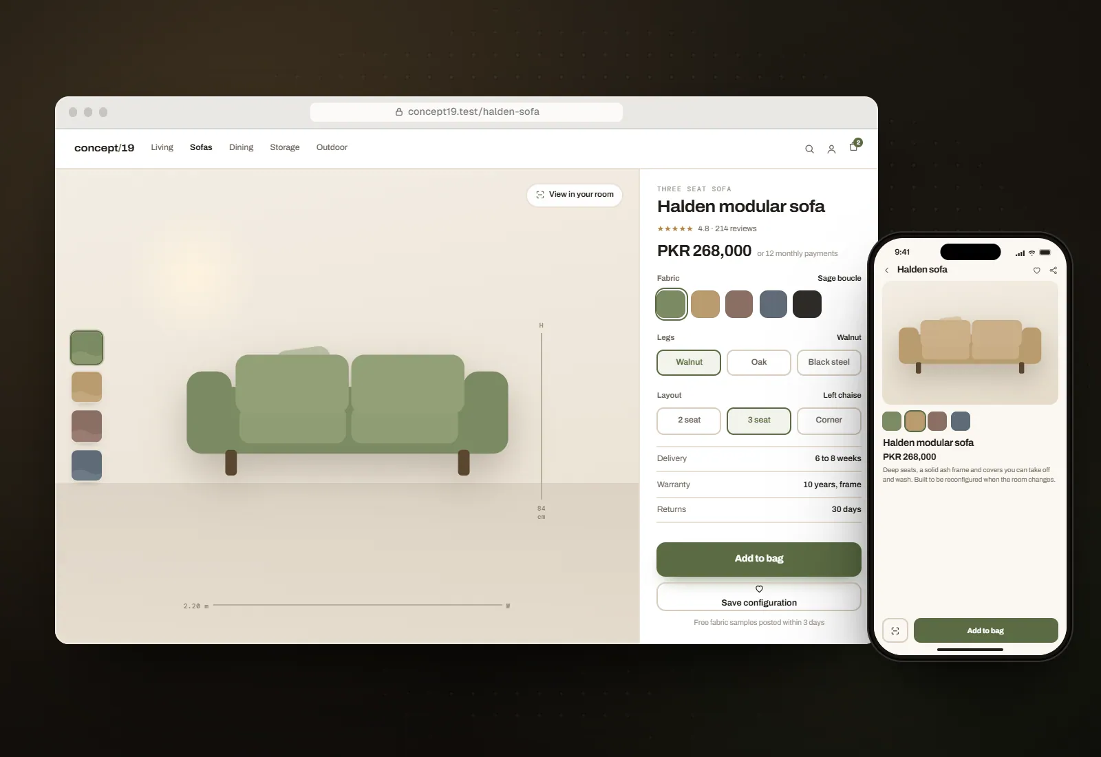 Concept visual for Furniture store with configurator