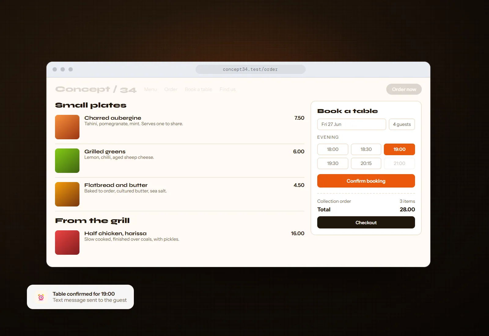Concept visual for Restaurant ordering and bookings