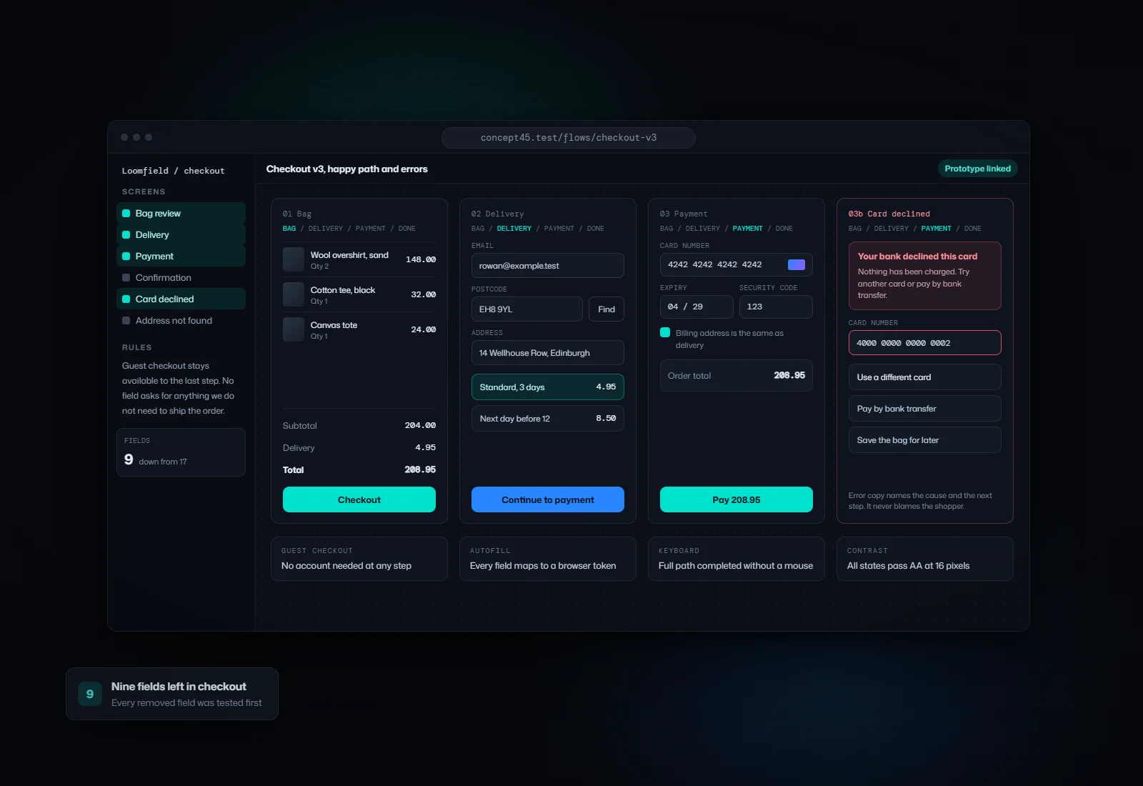 Concept visual for Checkout flow screens and error states