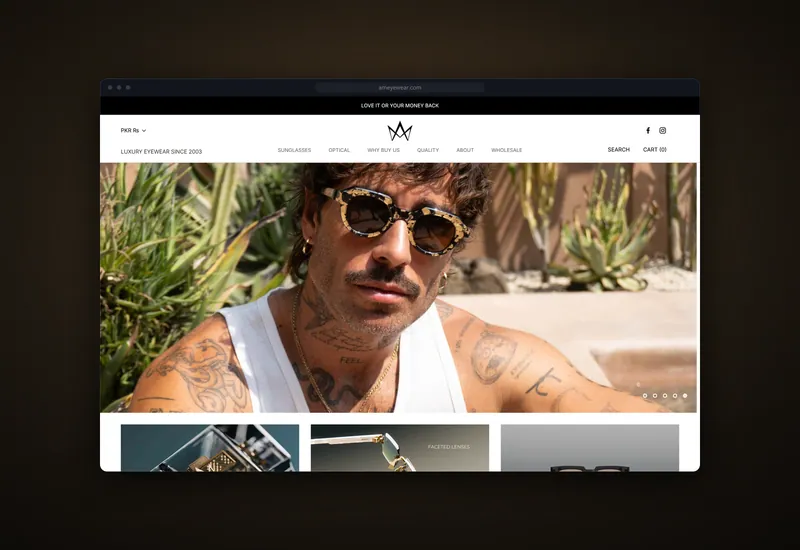Screenshot of the AME Eyewear website