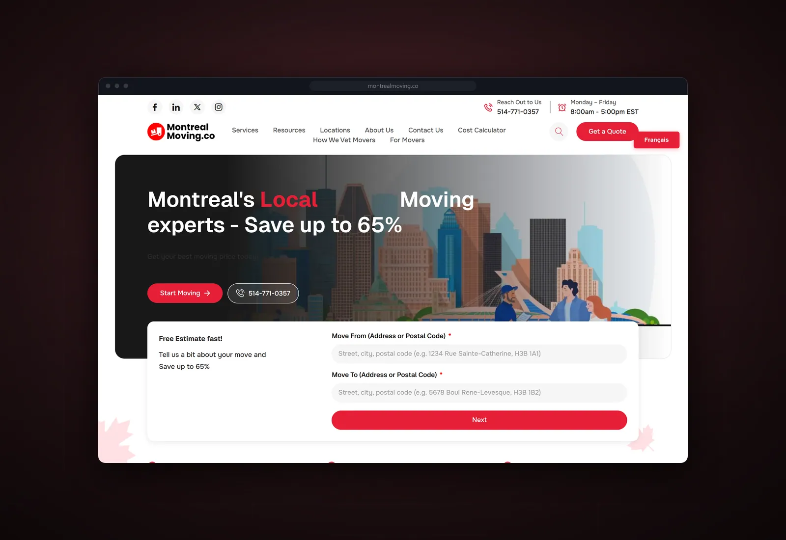 Screenshot of the Montreal Moving website