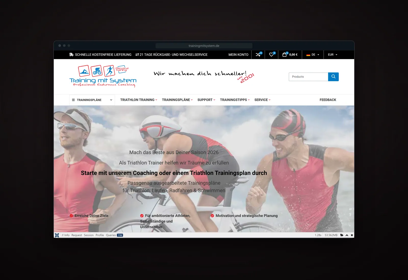 Screenshot of the Training mit System website